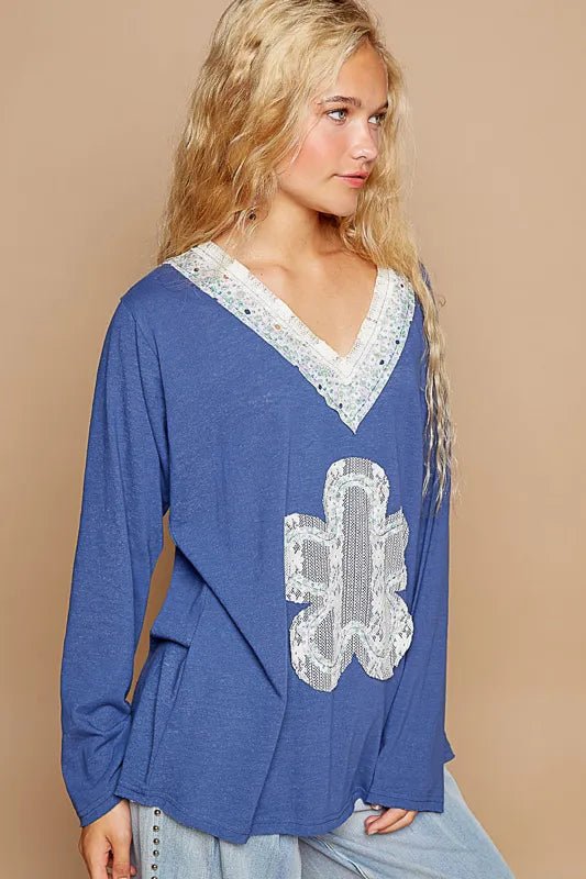 POL Lace Flower Patch Long Sleeve T-Shirt - Velora Luxury Fashion