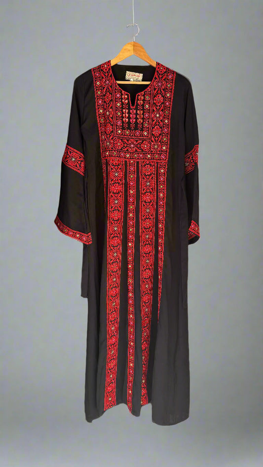 Palestinian Thobe Traditional Dress | Black with Red Tatreez Embroidery for Adults - Velora Luxury Fashion