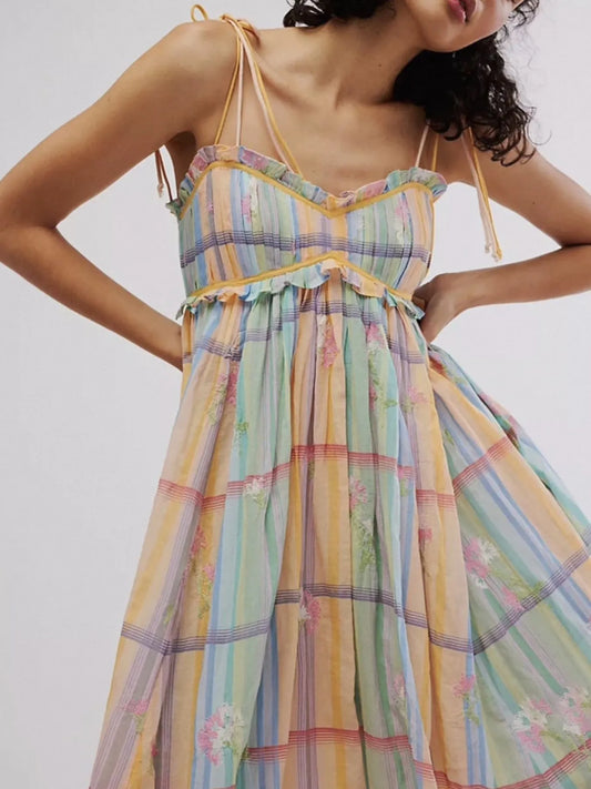 Pastel Plaid Back Smocked Maxi Cami Dress - Velora Luxury Fashion