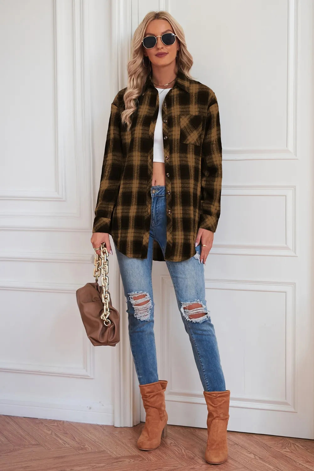 Plaid Button Up Dropped Shoulder Outerwear - Velora Luxury Fashion