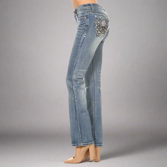 Platinum Plush Women's Rhinestone Skull & Bones Bootcut Jeans - Velora Luxury Fashion