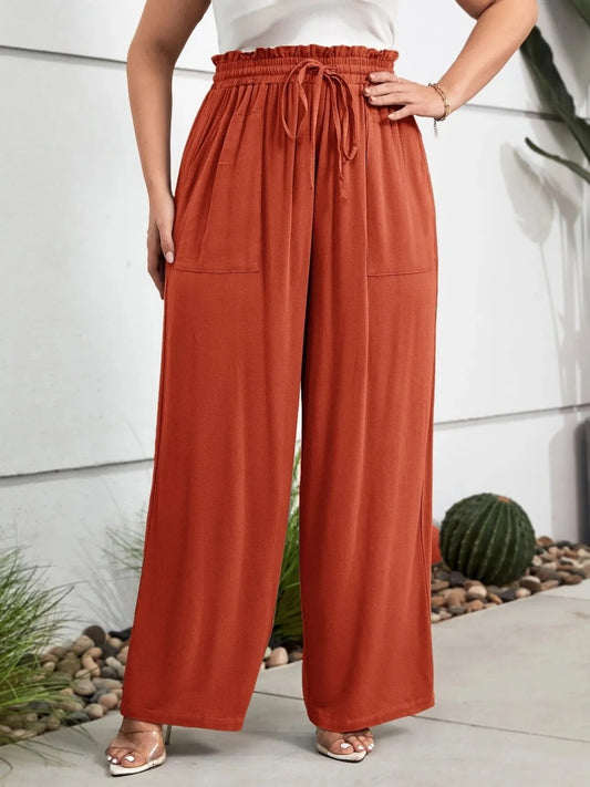 Plus Size High Waist Wide Leg Drawstring Pants - Velora Luxury Fashion