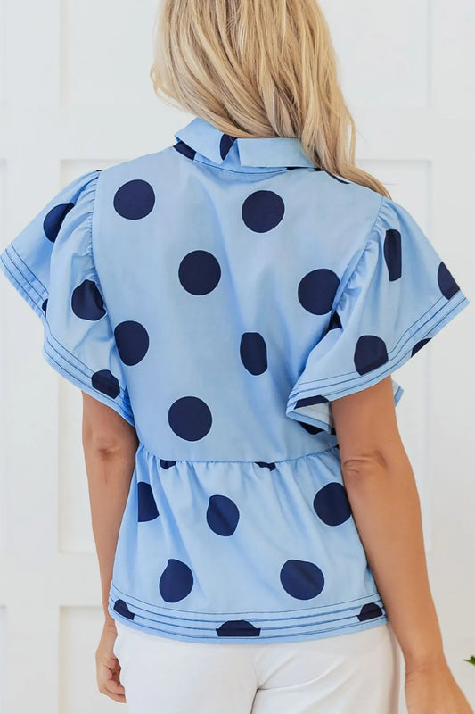 Polka Dot Print Ruffled Short Sleeve Buttoned Collared Blouse - Velora Luxury Fashion