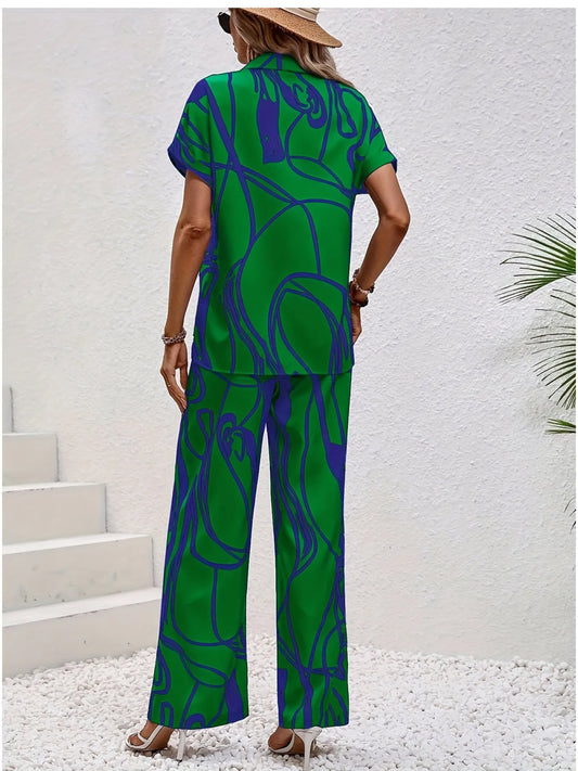 Printed Button Up Shirt and Pants Set - Velora Luxury Fashion