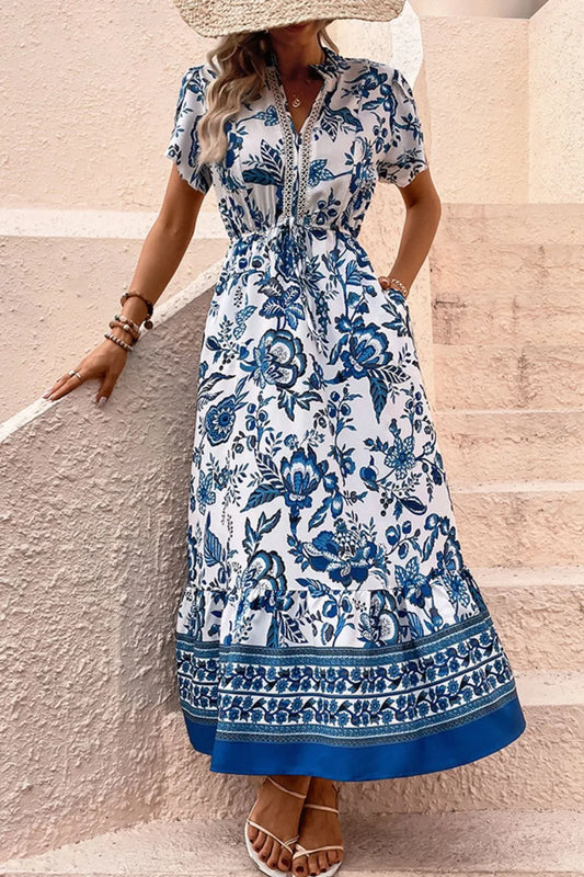 Printed Notched Short Sleeve Dress - Velora Luxury Fashion