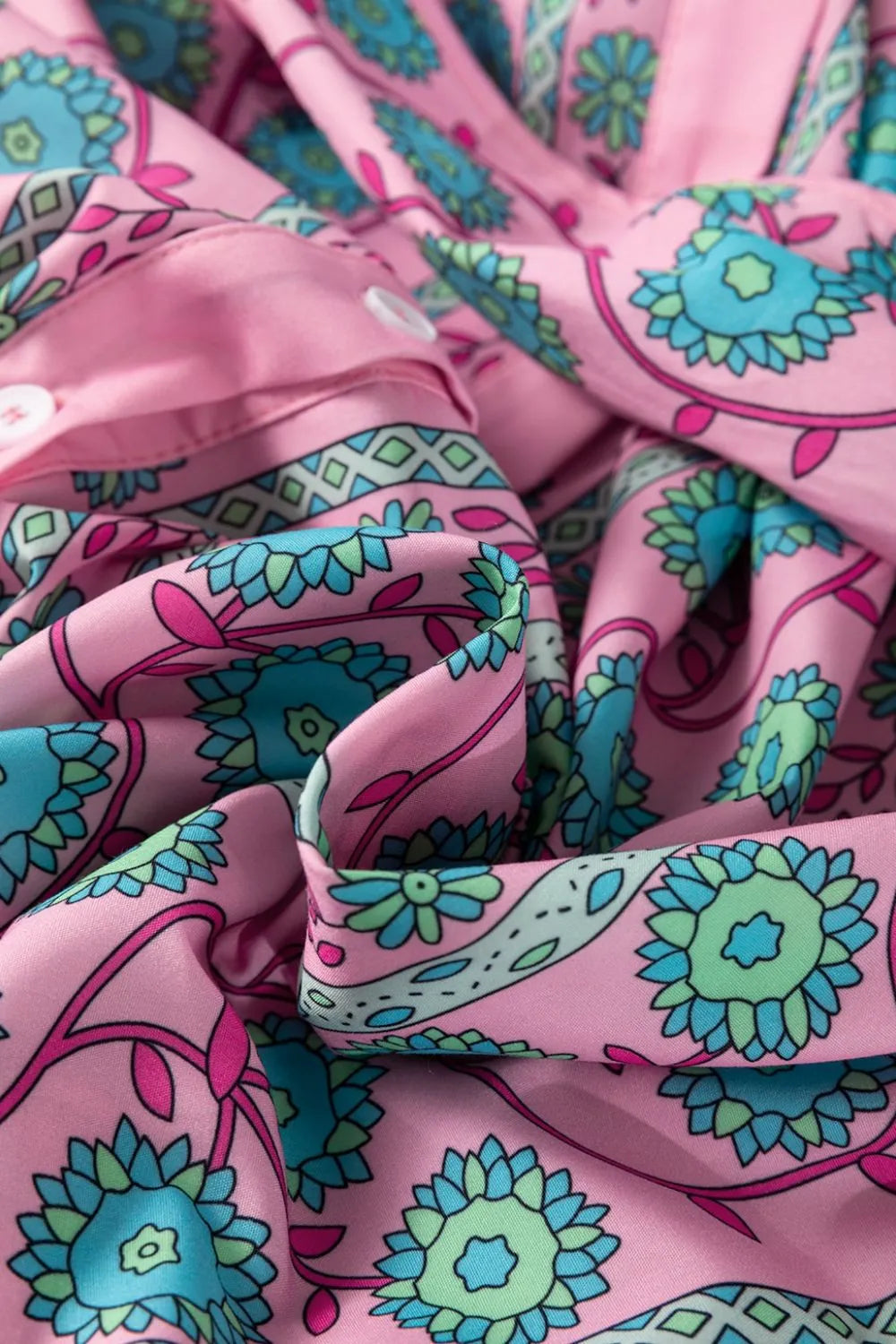 Printed Shirred Sleeve Buttoned Front Midi Dress with Sash - Velora Luxury Fashion