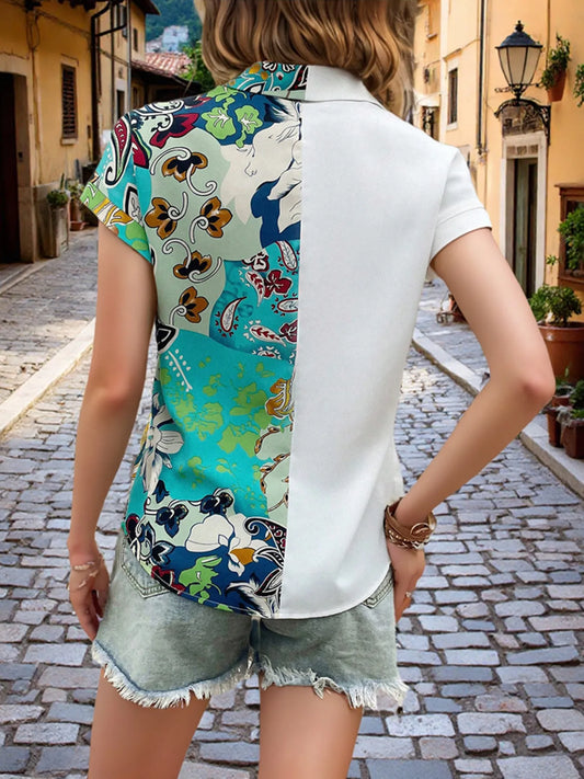 Printed Short Sleeve Button-Up Shirt - Velora Luxury Fashion