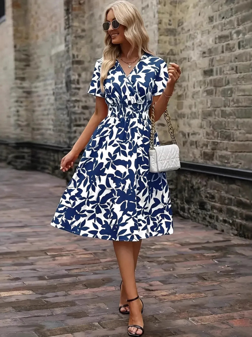 Printed Smocked Surplice Short Sleeve Dress - Velora Luxury Fashion