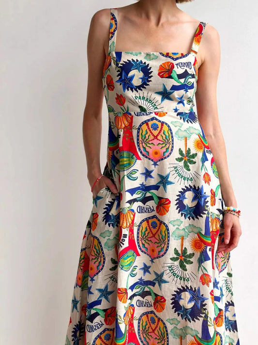 Printed Square Neck Maxi Dress - Velora Luxury Fashion