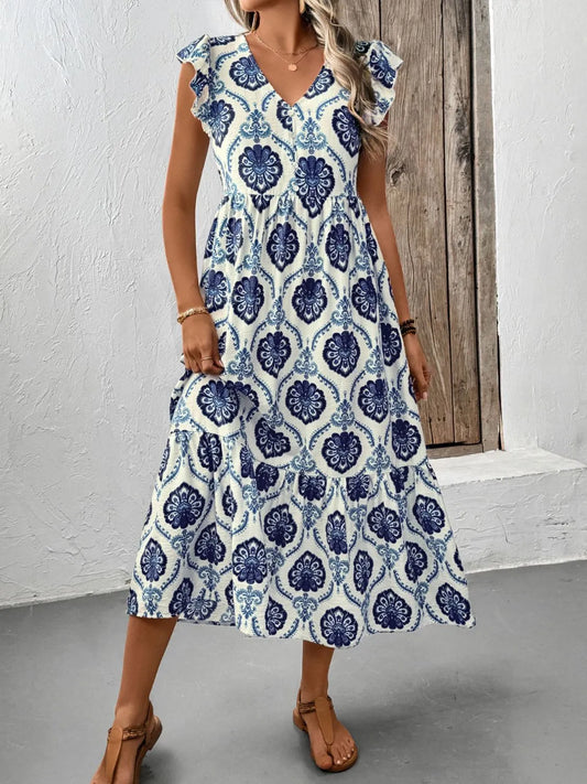 Printed V-Neck Cap Sleeve Dress - Velora Luxury Fashion