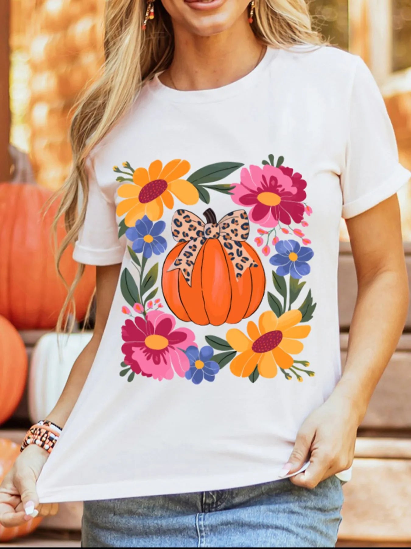 Pumpkin Floral Graphic Round Neck T-Shirt - Velora Luxury Fashion
