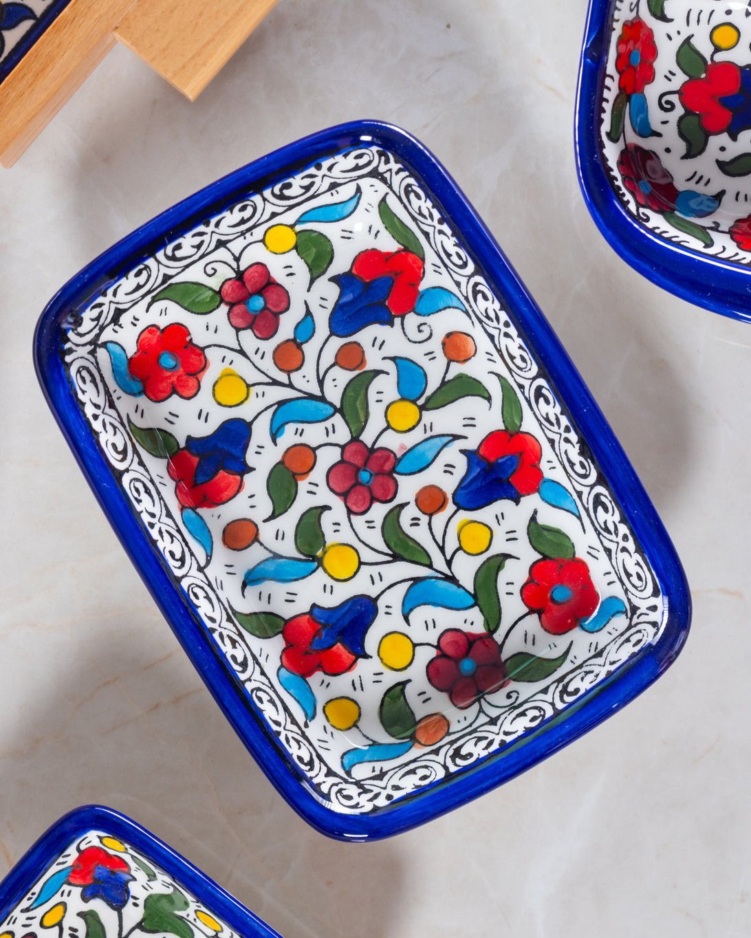 Rectangular Side Dishes – Hand-Painted Palestinian Ceramic | Multicolor & Navy - Velora Luxury Fashion