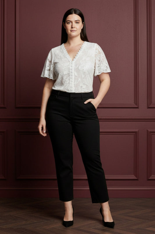 Romy Black Tailored Cropped Pants Clean Front Sli m Straight Leg - Velora Luxury Fashion