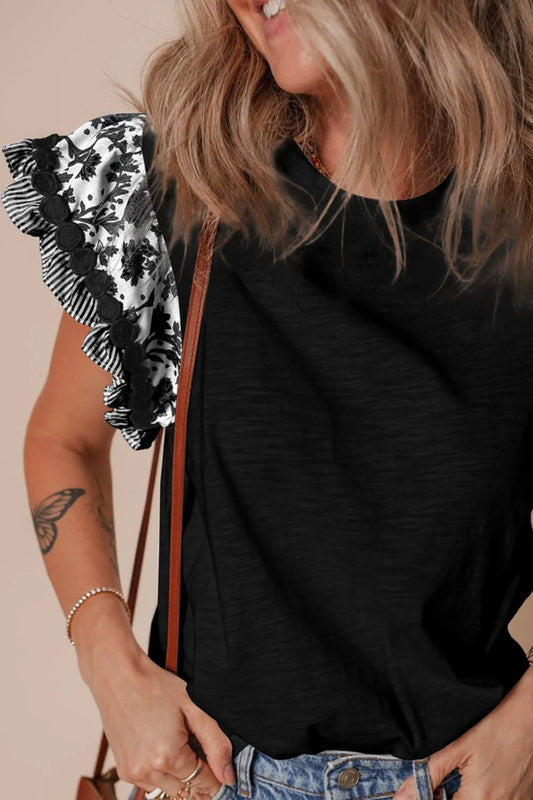 Round Neck Printed Ruffled Cap Sleeve Blouse - Velora Luxury Fashion