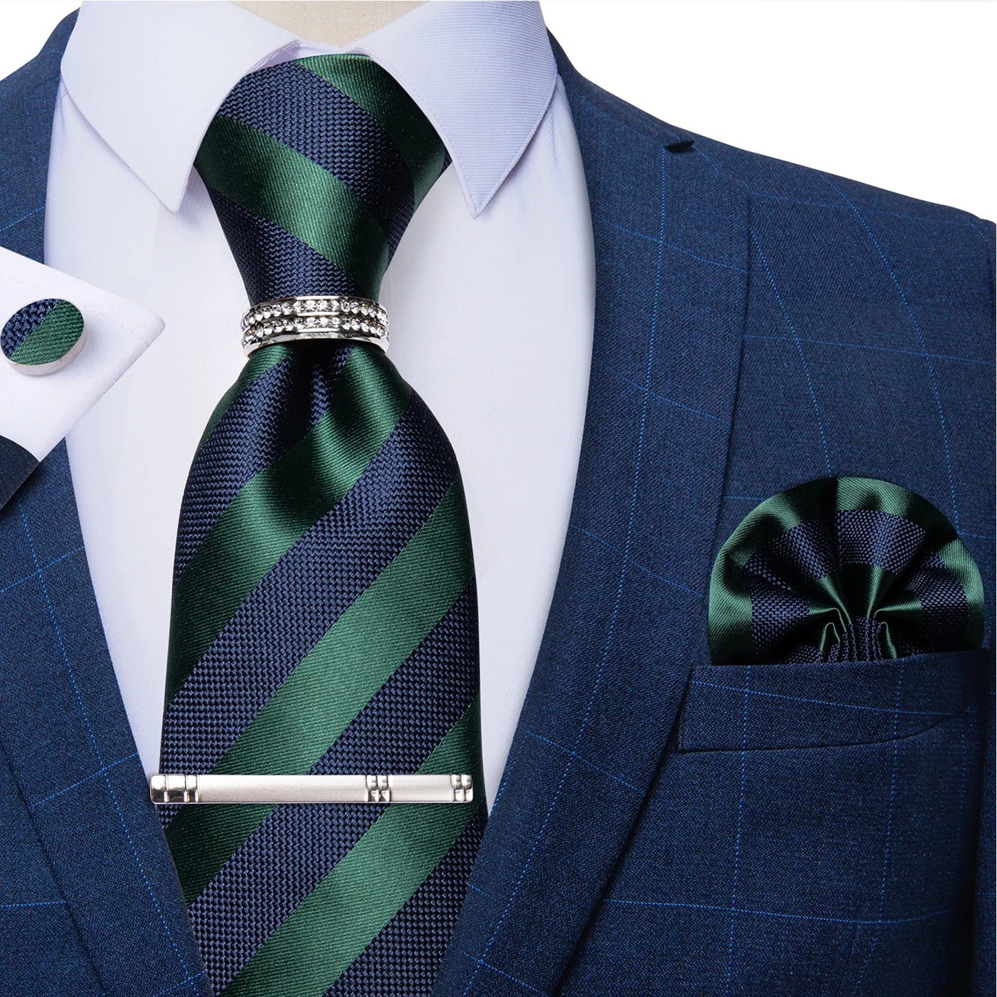 Blue Royal Dot Pliad Mens Tie set with Silver Clip and Ring Business Wedding Party Accessories 8cm Necktie Handkerchief Cufflink Velora