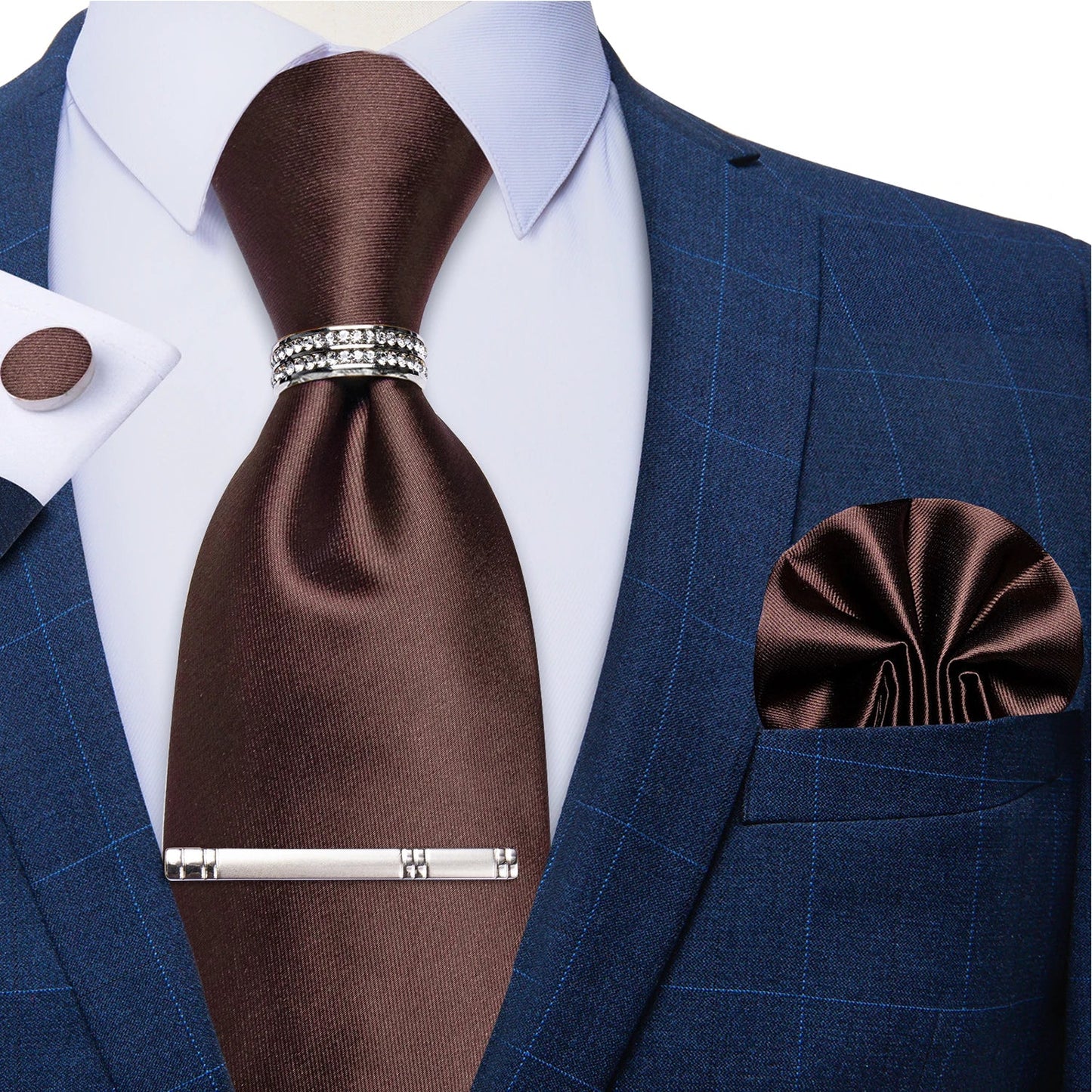 Blue Royal Dot Pliad Mens Tie set with Silver Clip and Ring Business Wedding Party Accessories 8cm Necktie Handkerchief Cufflink Velora