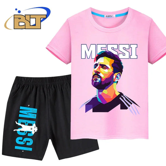 messi avatar printed kids sports suit summer pure cotton T-shirt shorts 2-piece set suitable for boys and girls - Velora