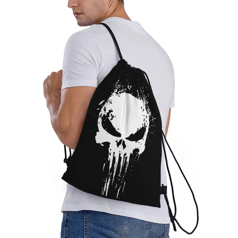 Custom Punisher Skeleton Drawstring Backpack Women Men Sport Gym Sackpack Portable Skull Bone Shopping Bag Sack - Velora