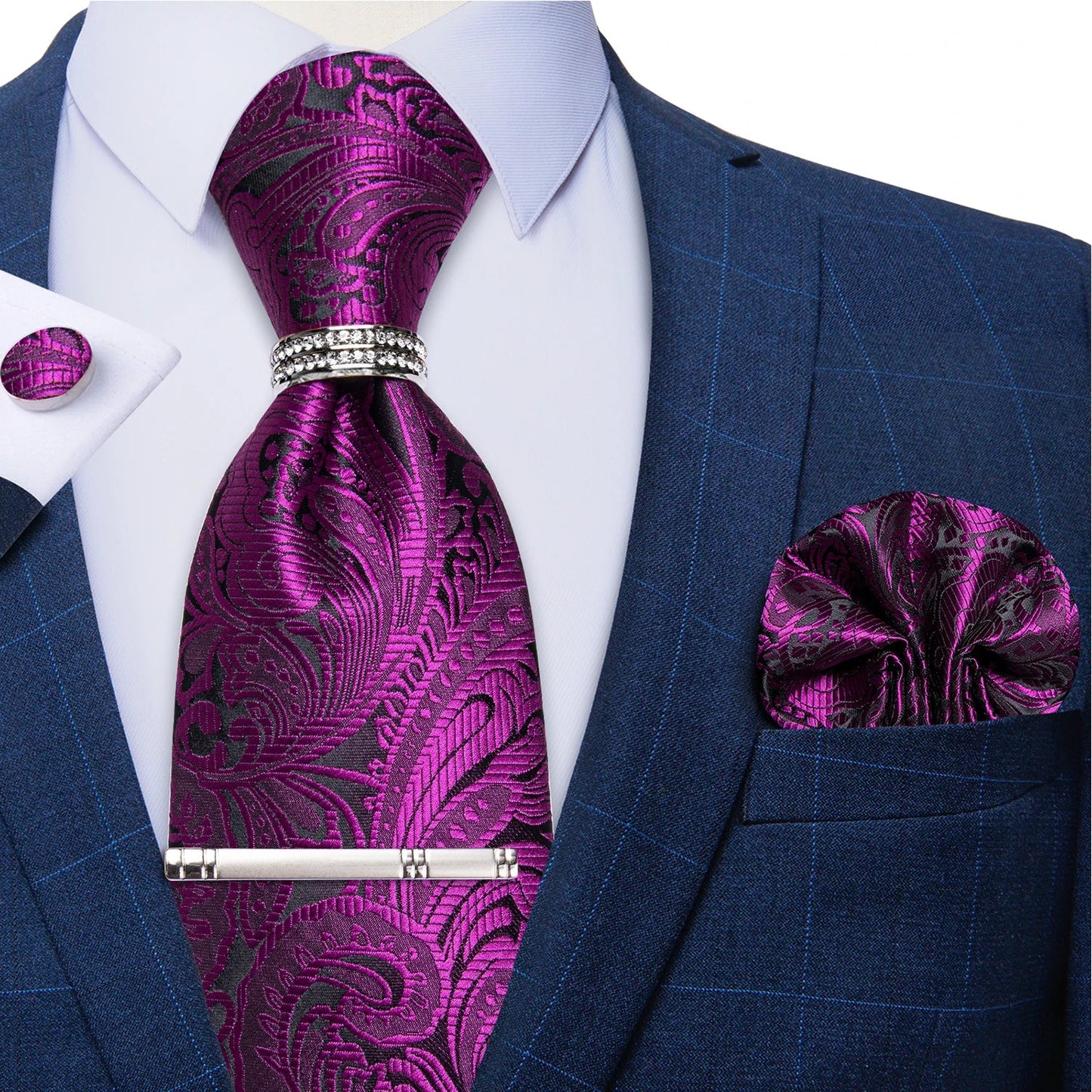 Blue Royal Dot Pliad Mens Tie set with Silver Clip and Ring Business Wedding Party Accessories 8cm Necktie Handkerchief Cufflink Velora