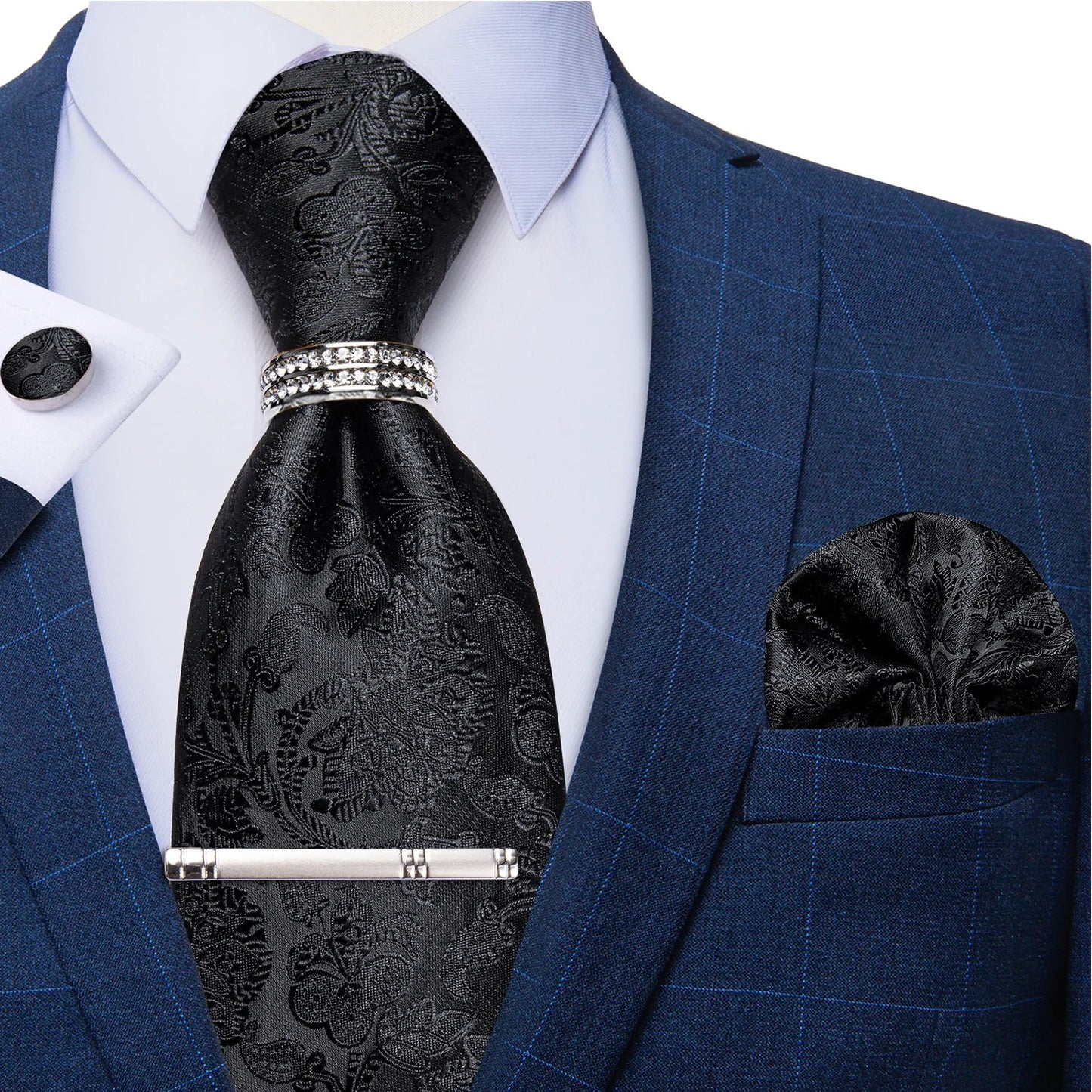 Blue Royal Dot Pliad Mens Tie set with Silver Clip and Ring Business Wedding Party Accessories 8cm Necktie Handkerchief Cufflink Velora