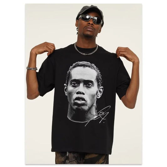 Ronaldinho Head Printed Short Sleeve Fashion Brand Crew-neck Cotton Casual Breathable High Quality Men's Women's T-shirt - Velora