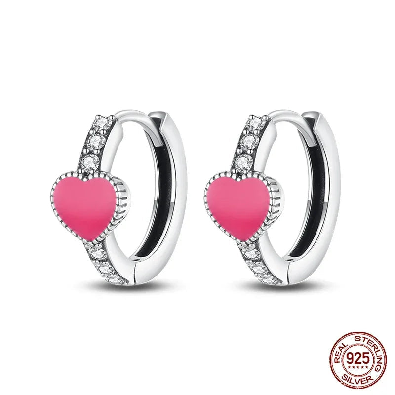 Romantic Pink Heart Sterling Silver Huggie Hoop Earrings With Cubic Zirconia Itz Luxury