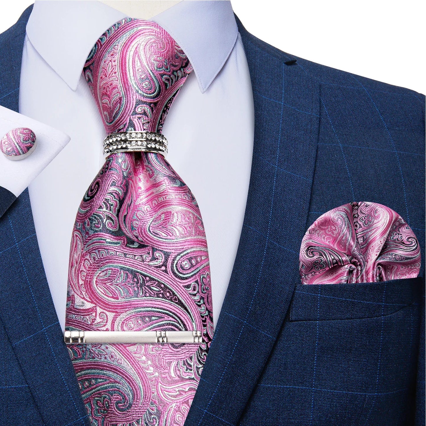 Blue Royal Dot Pliad Mens Tie set with Silver Clip and Ring Business Wedding Party Accessories 8cm Necktie Handkerchief Cufflink Velora