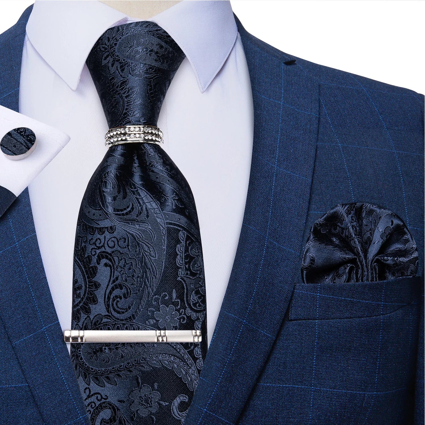 Blue Royal Dot Pliad Mens Tie set with Silver Clip and Ring Business Wedding Party Accessories 8cm Necktie Handkerchief Cufflink Velora