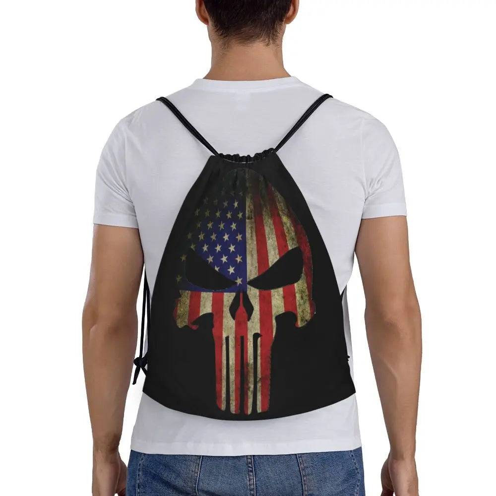 Custom Punisher Skeleton Drawstring Backpack Women Men Sport Gym Sackpack Portable Skull Bone Shopping Bag Sack - Velora