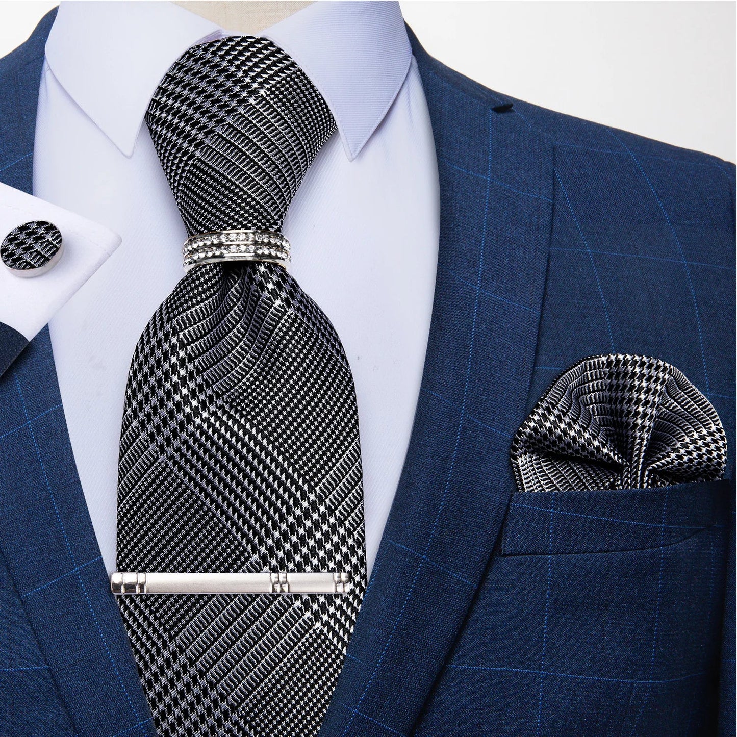 Blue Royal Dot Pliad Mens Tie set with Silver Clip and Ring Business Wedding Party Accessories 8cm Necktie Handkerchief Cufflink Velora