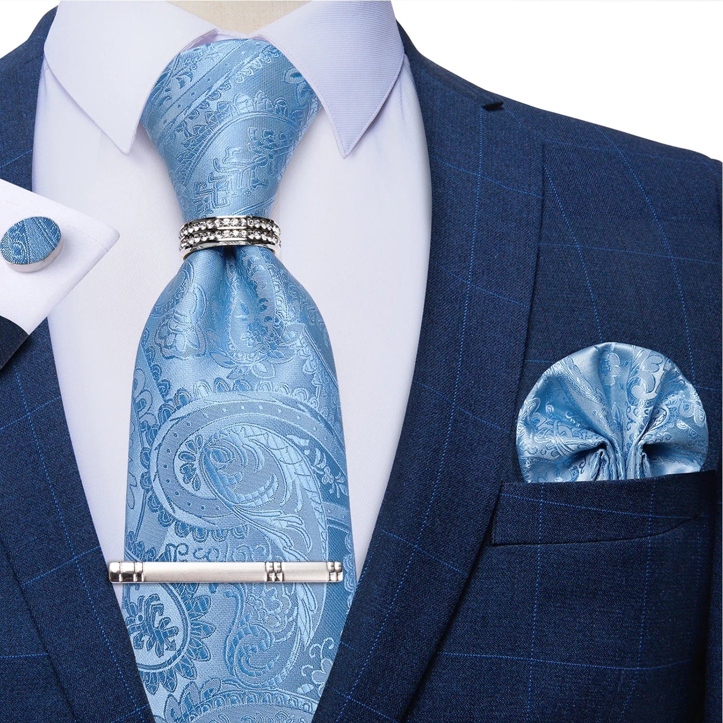 Blue Royal Dot Pliad Mens Tie set with Silver Clip and Ring Business Wedding Party Accessories 8cm Necktie Handkerchief Cufflink Velora
