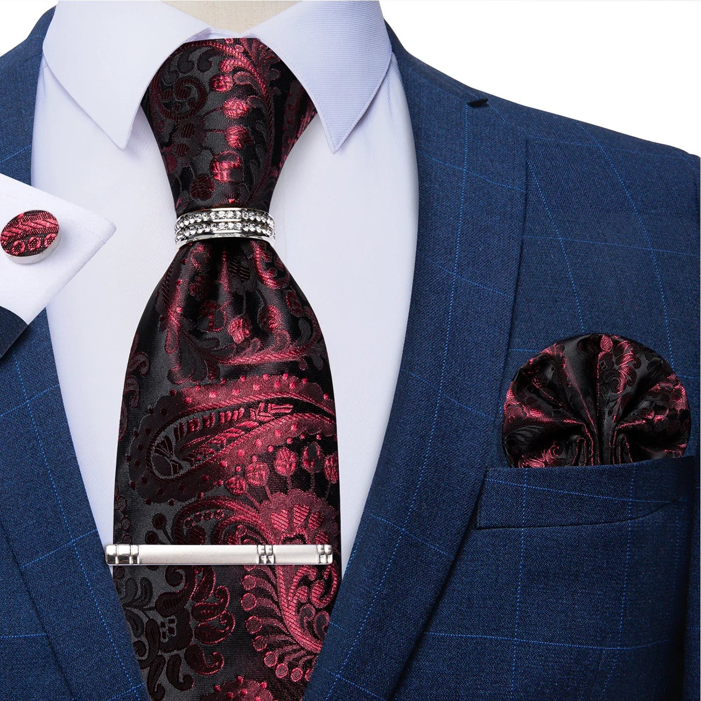 Blue Royal Dot Pliad Mens Tie set with Silver Clip and Ring Business Wedding Party Accessories 8cm Necktie Handkerchief Cufflink Velora
