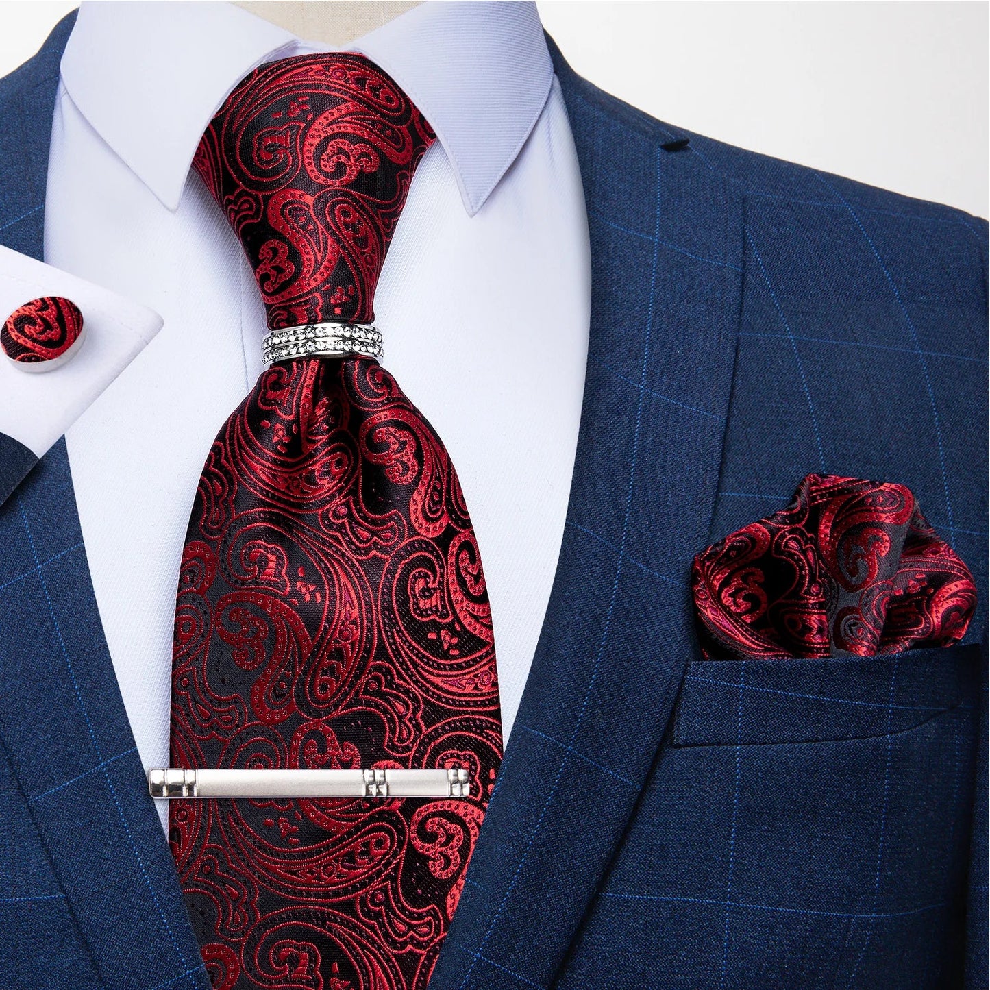 Blue Royal Dot Pliad Mens Tie set with Silver Clip and Ring Business Wedding Party Accessories 8cm Necktie Handkerchief Cufflink Velora