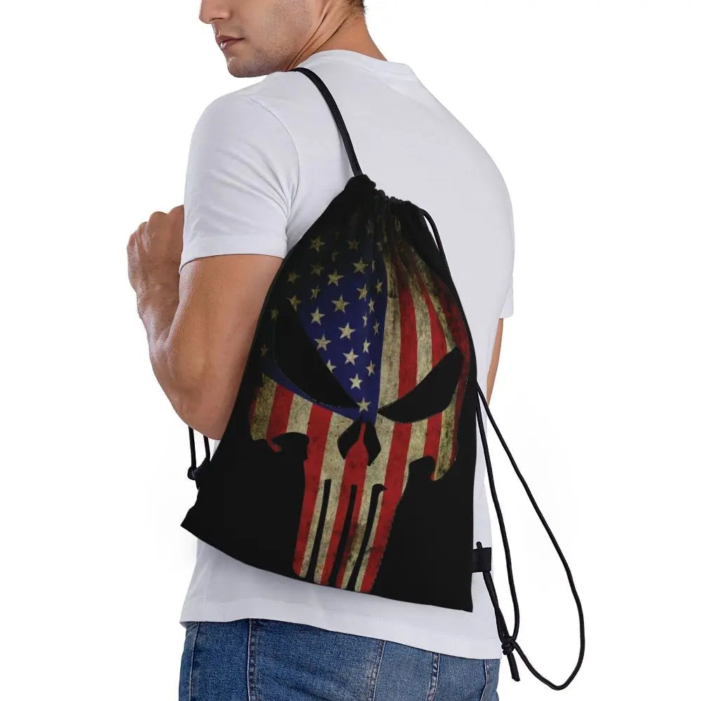 Custom Punisher Skeleton Drawstring Backpack Women Men Sport Gym Sackpack Portable Skull Bone Shopping Bag Sack - Velora