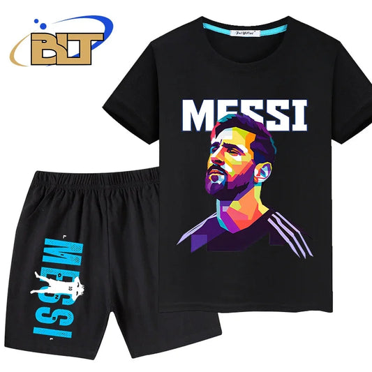 messi avatar printed kids sports suit summer pure cotton T-shirt shorts 2-piece set suitable for boys and girls - Velora