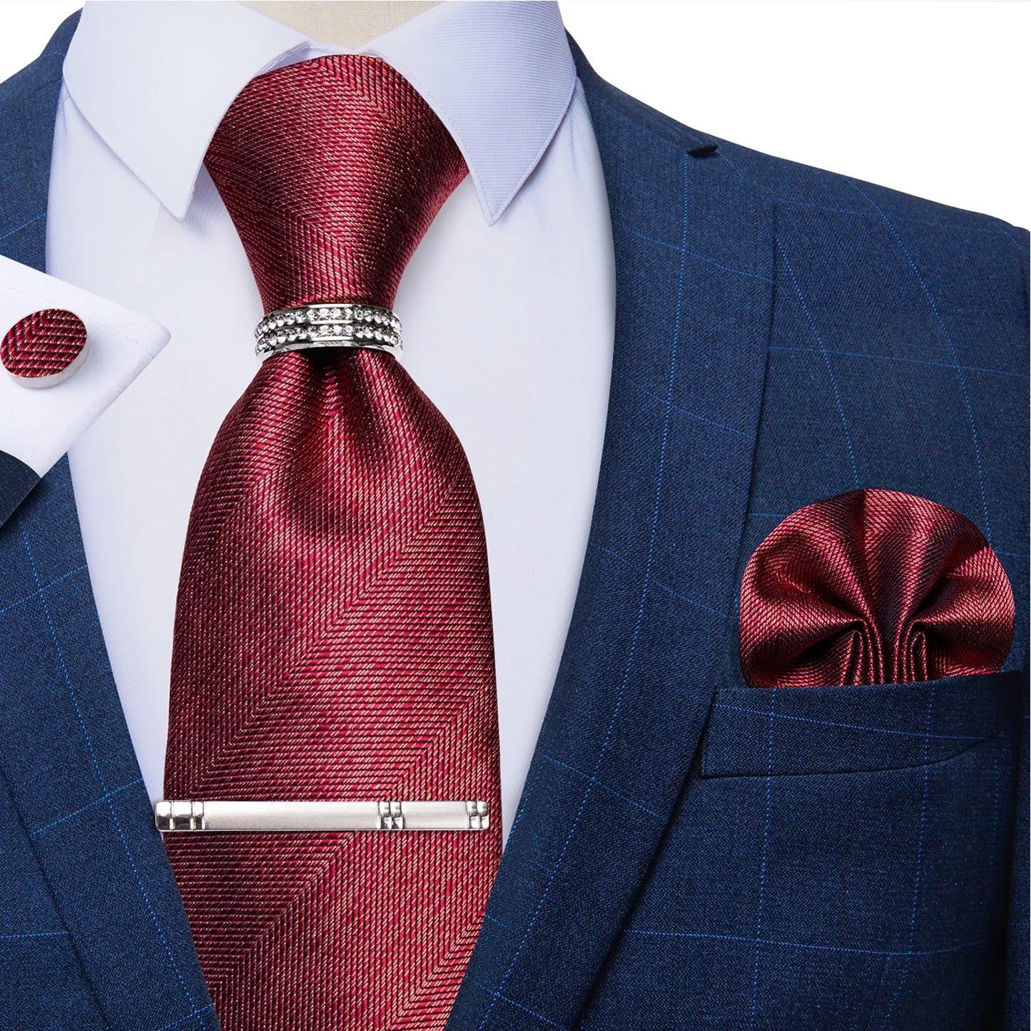 Blue Royal Dot Pliad Mens Tie set with Silver Clip and Ring Business Wedding Party Accessories 8cm Necktie Handkerchief Cufflink Velora