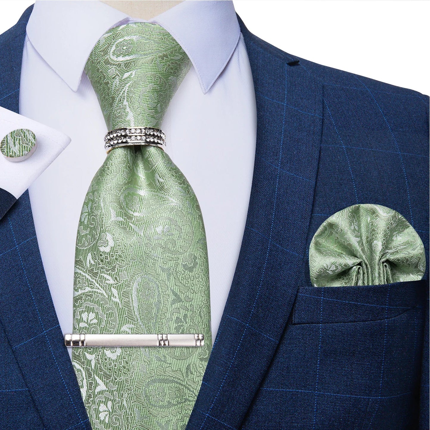 Blue Royal Dot Pliad Mens Tie set with Silver Clip and Ring Business Wedding Party Accessories 8cm Necktie Handkerchief Cufflink Velora