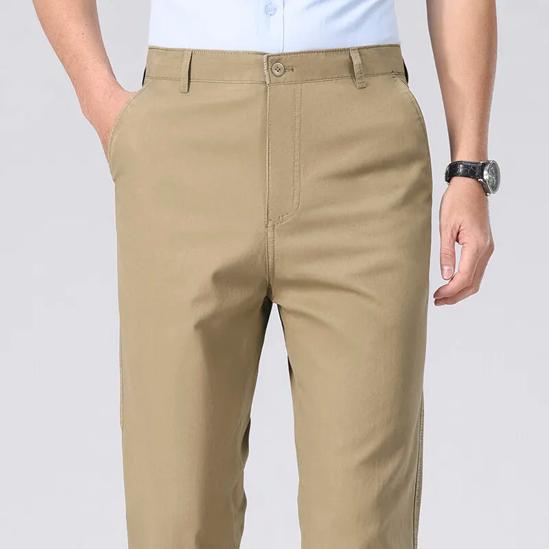 Spring Summer Cotton Suit Pants Men Solid Color Smart Casual Dress Trousers Man Lightweight Zipper Fly Straight Breathable Pants - Velora