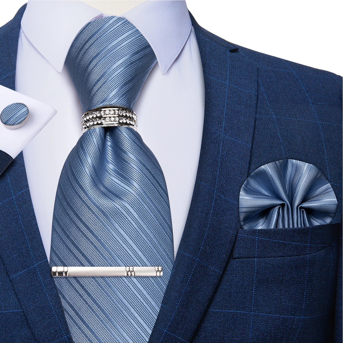 Blue Royal Dot Pliad Mens Tie set with Silver Clip and Ring Business Wedding Party Accessories 8cm Necktie Handkerchief Cufflink Velora