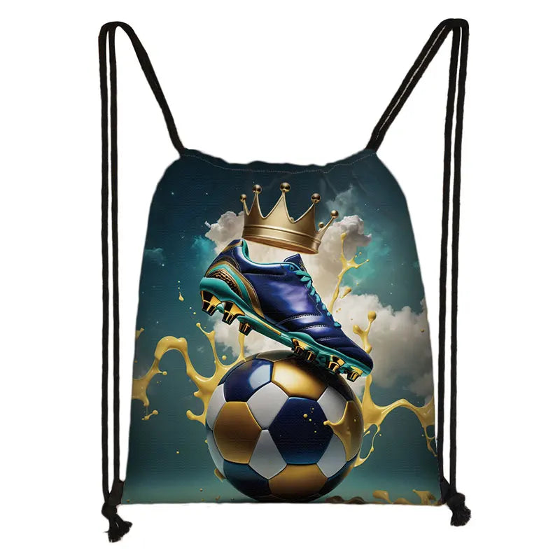 Cool Soccer Ball with Golden Crown Print Drawstring Bag Gym Sport Backpack Football Shoulder Bag for Travel Shoes Holder - Velora