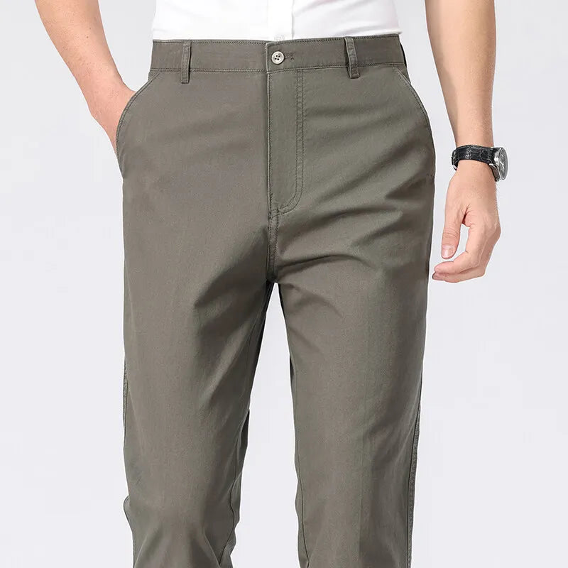 Spring Summer Cotton Suit Pants Men Solid Color Smart Casual Dress Trousers Man Lightweight Zipper Fly Straight Breathable Pants - Velora