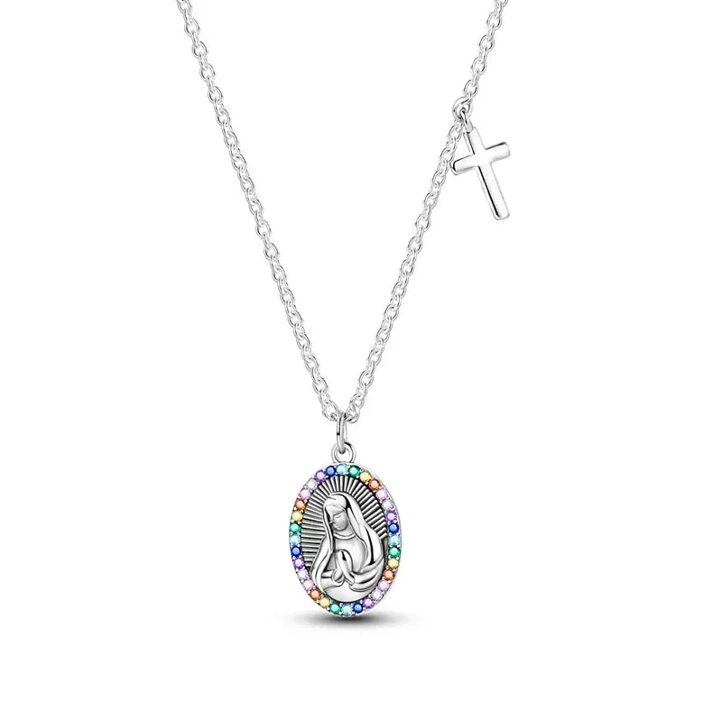 Radiant Virgin Mary Sterling Silver Pendant Necklace With Cross