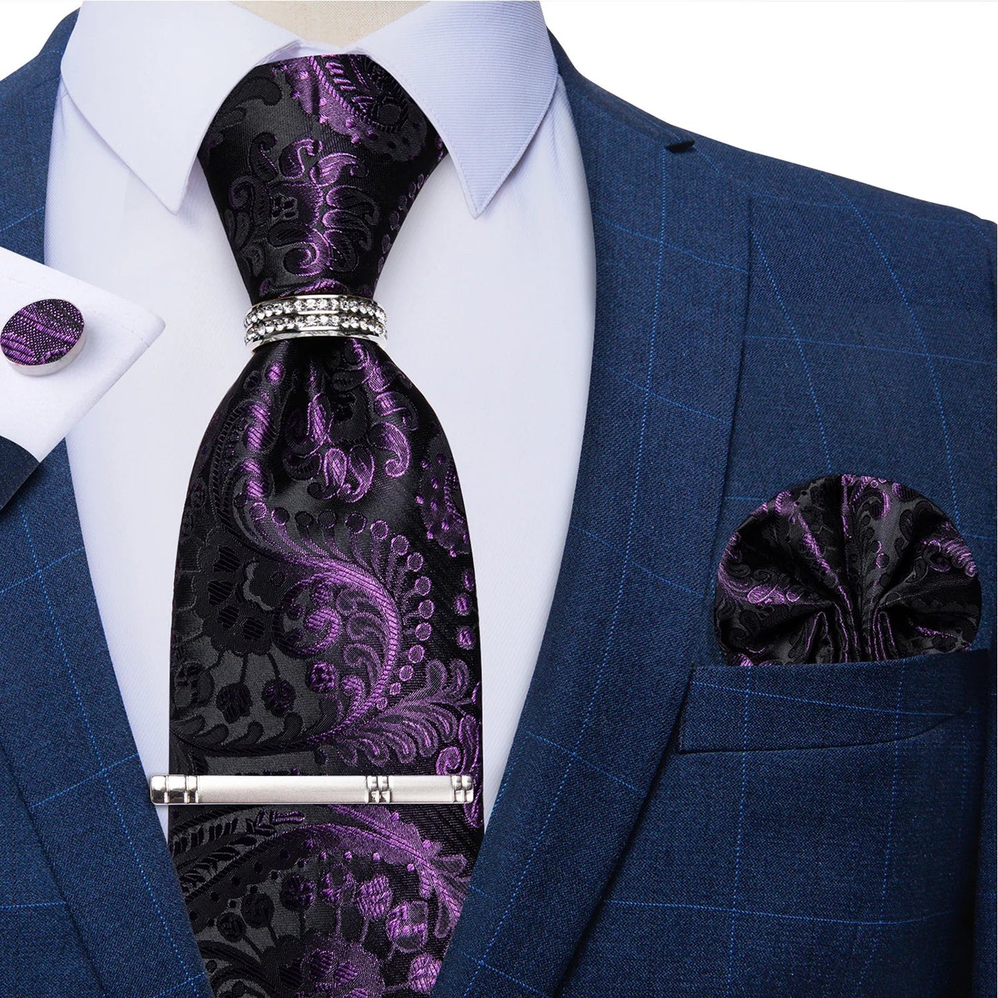 Blue Royal Dot Pliad Mens Tie set with Silver Clip and Ring Business Wedding Party Accessories 8cm Necktie Handkerchief Cufflink Velora
