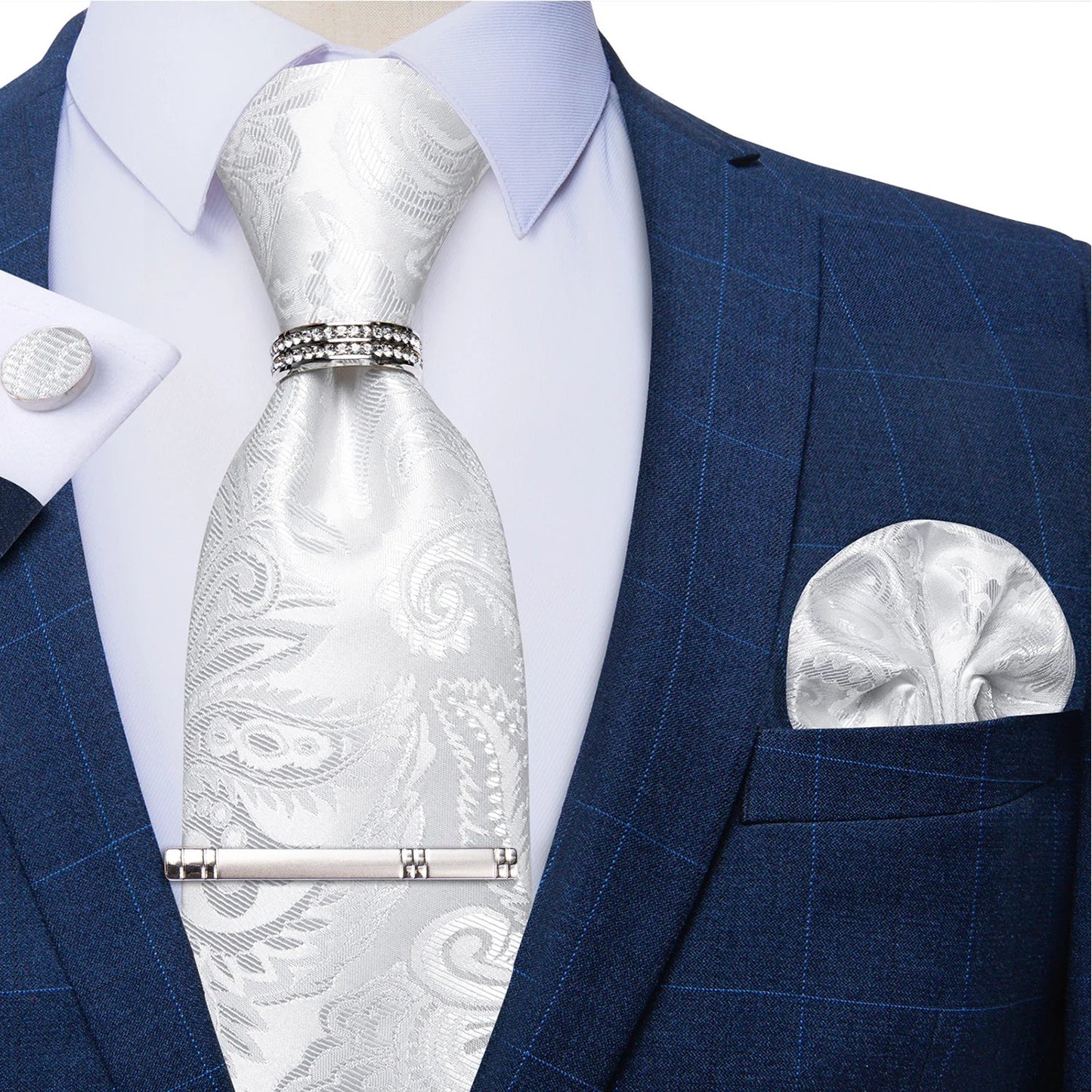 Blue Royal Dot Pliad Mens Tie set with Silver Clip and Ring Business Wedding Party Accessories 8cm Necktie Handkerchief Cufflink Velora