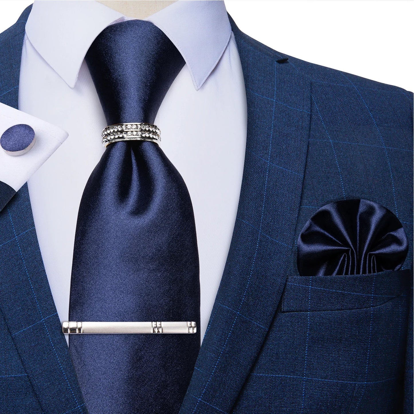 Blue Royal Dot Pliad Mens Tie set with Silver Clip and Ring Business Wedding Party Accessories 8cm Necktie Handkerchief Cufflink Velora