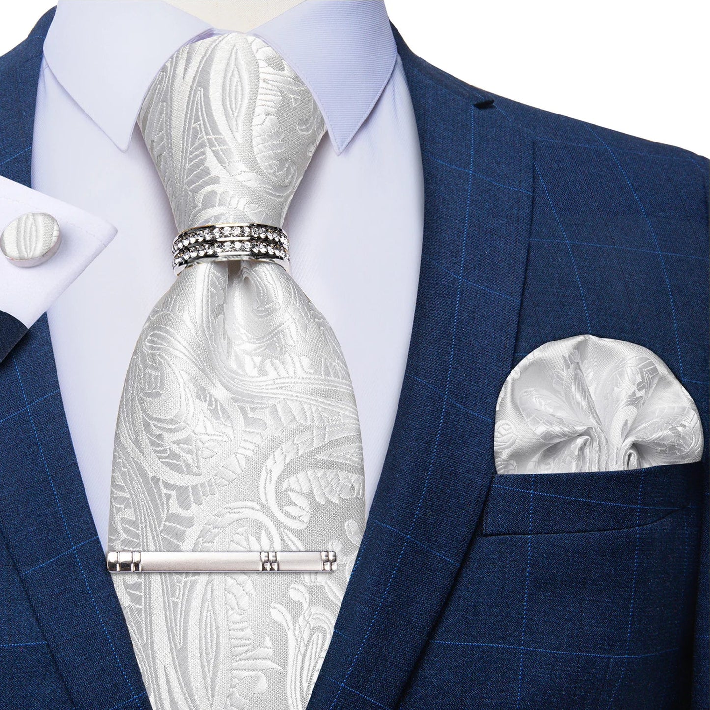 Blue Royal Dot Pliad Mens Tie set with Silver Clip and Ring Business Wedding Party Accessories 8cm Necktie Handkerchief Cufflink Velora