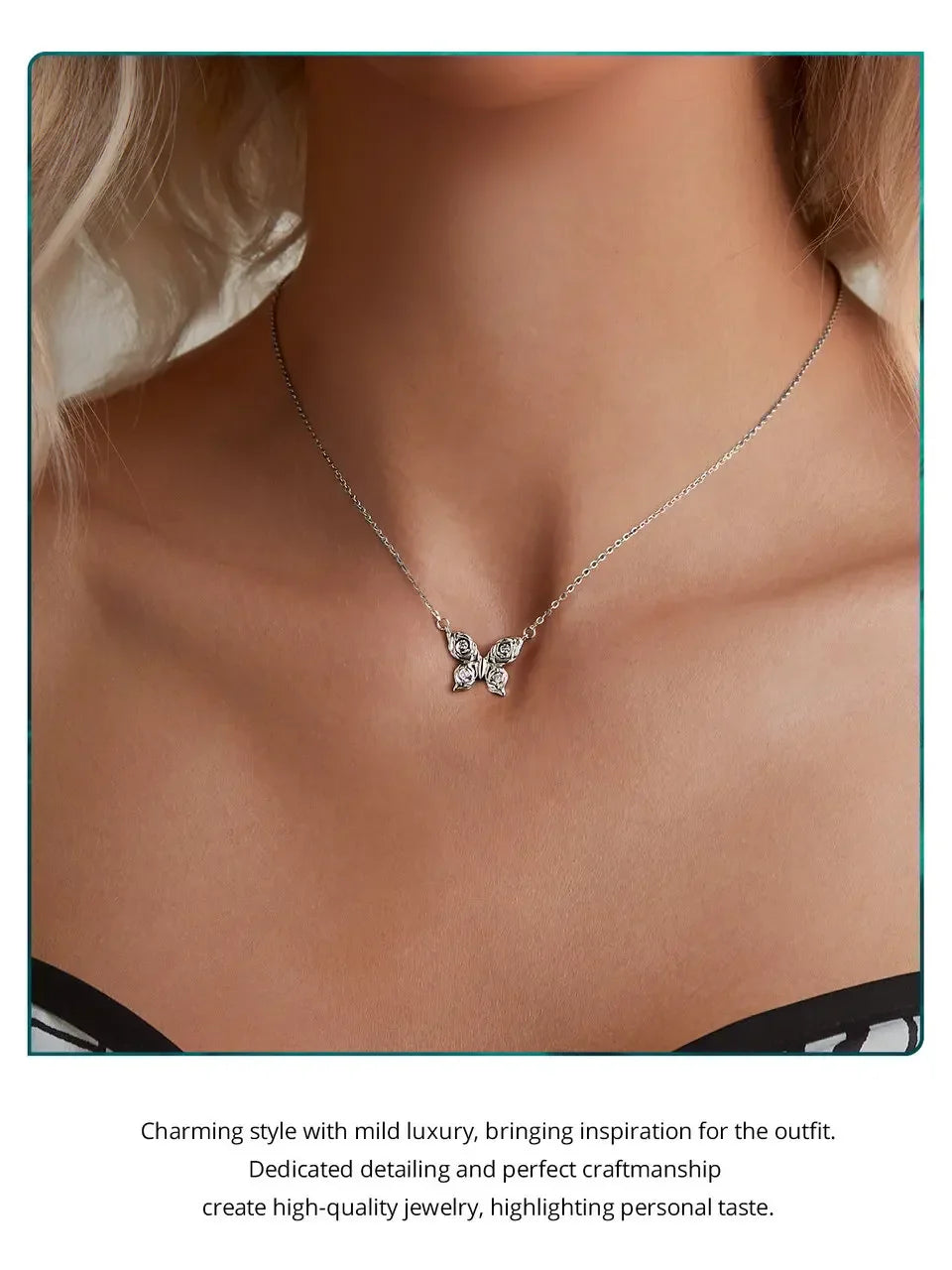Romantic Elegance: Zircon White Gold Plated Rose Butterfly Sterling Silver Necklace Itz Luxury