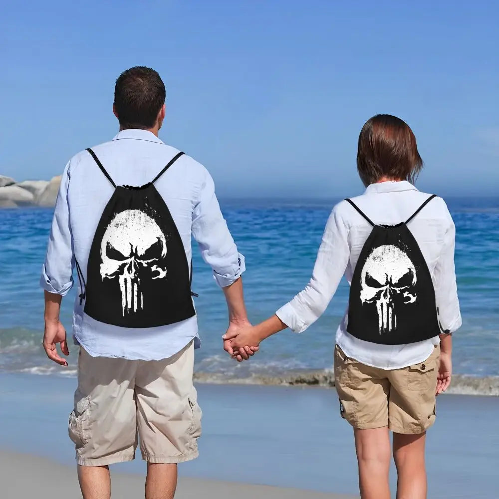 Custom Punisher Skeleton Drawstring Backpack Women Men Sport Gym Sackpack Portable Skull Bone Shopping Bag Sack - Velora