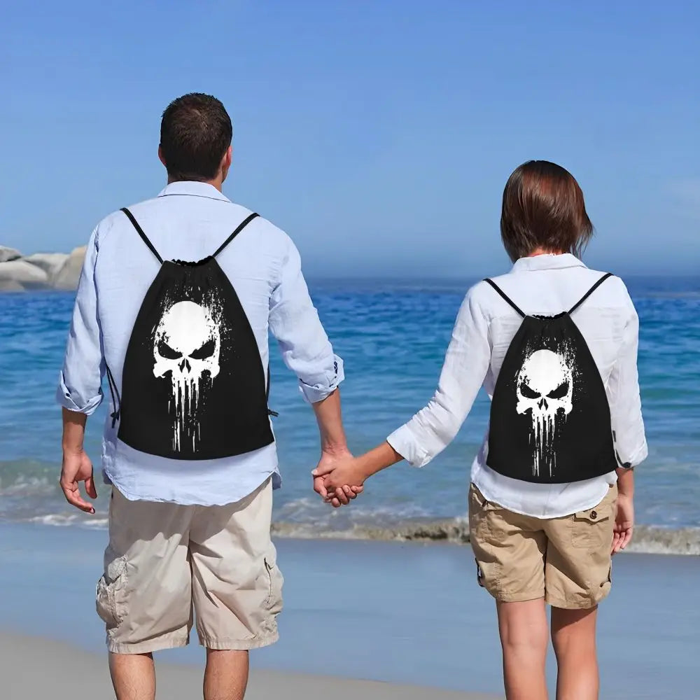 Custom Punisher Skeleton Drawstring Backpack Women Men Sport Gym Sackpack Portable Skull Bone Shopping Bag Sack - Velora