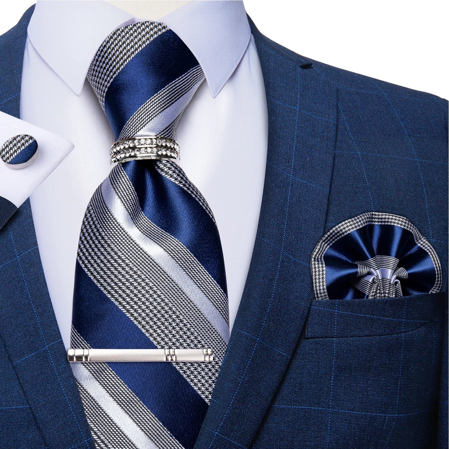 Blue Royal Dot Pliad Mens Tie set with Silver Clip and Ring Business Wedding Party Accessories 8cm Necktie Handkerchief Cufflink Velora